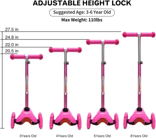 Miniatura 2 de ChromeWheels Mini Scooter para Niños Pequeños, Scooters Deluxe de 3 Ruedas para Niños, 4 Alturas Ajustables con Scooters de Patada, Rosa