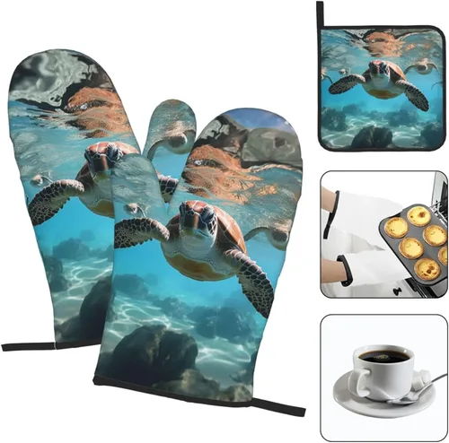 Miniatura 7 de Juego de manoplas de horno y soportes para ollas con estampado de tortugas marinas, resistentes al calor, antideslizantes, guantes de cocina, 3