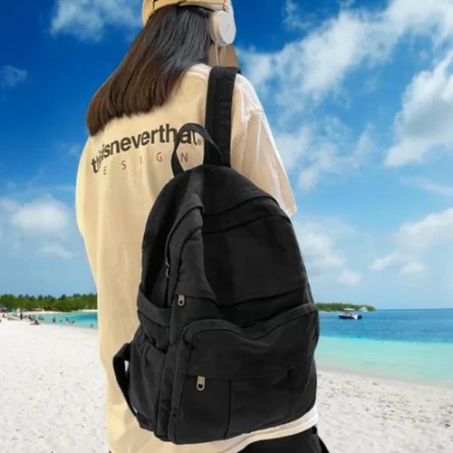 Miniatura 2 de Mochila de lona para mujer, mochila estética retro, mochila básica para estudiantes de secundaria/universidad, bolsa de viaje para laptop, Negro