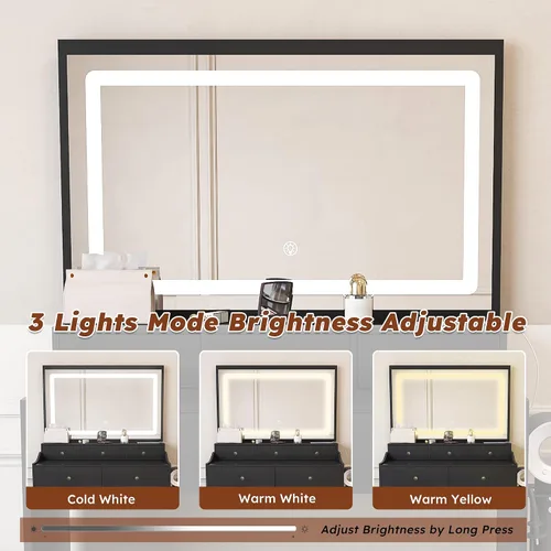 Miniatura 4 de Escritorio de tocador con espejo de luz LED, mesa de tocador de maquillaje con taburete, 5 cajones, soporte para secador de pelo, toma de corriente