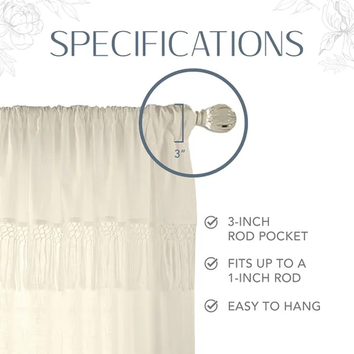 Miniatura 4 de Elrene Home Fashions Calypso - Cortina para ventana, de algodón semitransparente con borlas de macramé anudadas a mano, con bolsillo para barra, 52