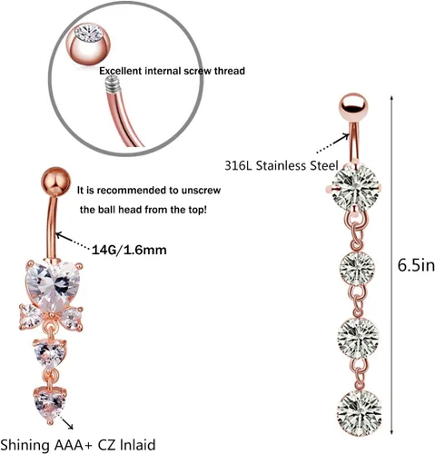 Miniatura 3 de NASAMA Piercing de ombligo de acero inoxidable 14G para mujer, joyería de piercing para el ombligo CZ