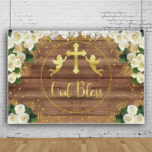 Miniatura 3 de Telón de fondo de madera con texto en inglés "God Bless Bautismo" de 5 x 3 pies, tablero de madera, fondo floral, cruz, primera comunión, iglesia