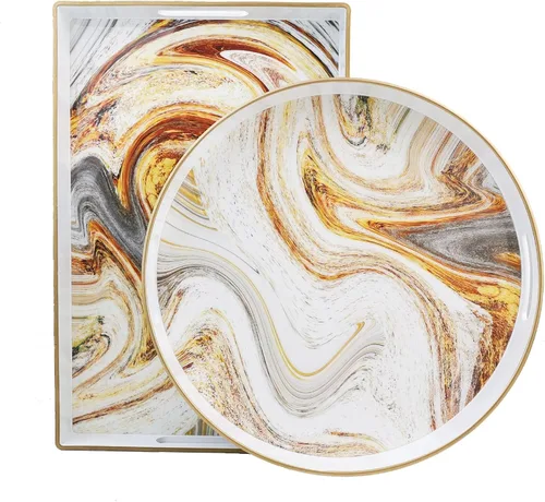 Miniatura 2 de Bandeja decorativa redonda de mármol blanco con asas, bandeja de servir moderna de plástico de 13" para mesa de café, baño, otomano, decoración