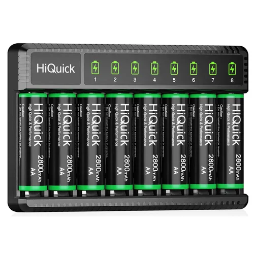 HiQuick - Baterías AA recargables con cargador, 2800 mAh de alta capacidad, doble A, 8 unidades con cargador de batería inteligente AA AAA de 8