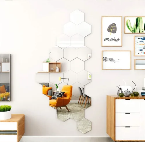 Miniatura 6 de Pegatinas de pared de espejo sin espejo de cristal, espejo de plástico, 3D, hexagonal, acrílico, decoración de pared, azulejos autoadhesivos
