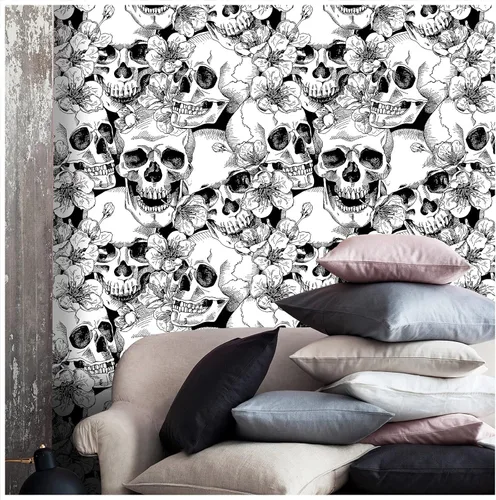Miniatura 2 de HAOKHOME Papel tapiz gótico para despegar y pegar, diseño floral de calavera de azúcar para dormitorio, decoración de pared extraíble negro/blanco