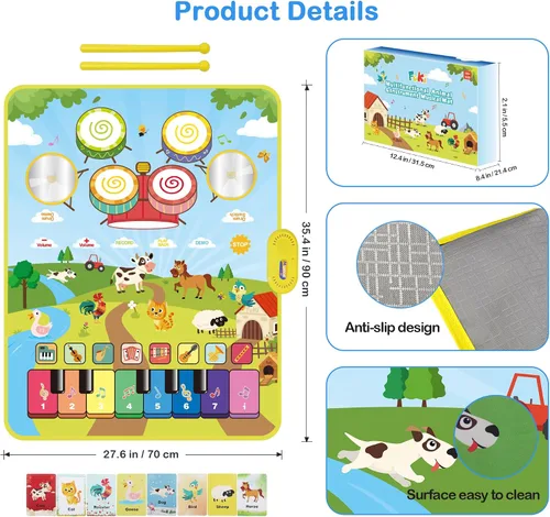 Miniatura 7 de FOKI Alfombrillas de piano, 3 en 1, tapete de juego musical de animales con piano y tambor para juguetes Montessori sensoriales de aprendizaje Agua