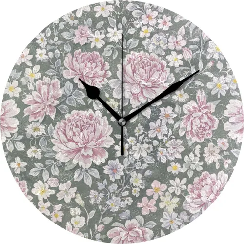 Vintage Chinese Floral Peony Grey Peach 10 Inch Round Clocks for Walls Non Ticking Easy to Use for Home Kitchen Dining Room reloj de pared para