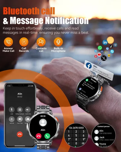 Miniatura 5 de Reloj inteligente militar de pantalla grande de 1.85 pulgadas para hombres con linterna, batería grande de 730 mAh, impermeable IP68, llamadas
