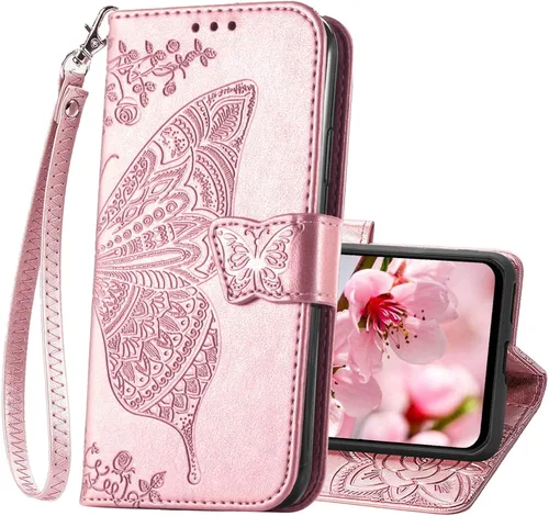 Miniatura 11 de Funda para teléfono Galaxy A14 5G, cartera con tapa para mujer, de piel sintética en relieve de mariposa con tarjeteros de crédito, correa de Lavanda