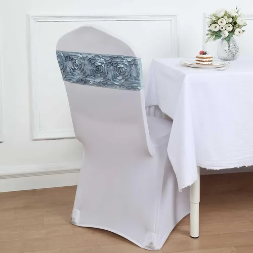 Miniatura 8 de Tableclothsfactory Paquete de 5 bandas de satén azul polvoriento, roseta de elastano, para banquetes de boda, fiesta, banquete, decoración de eventos