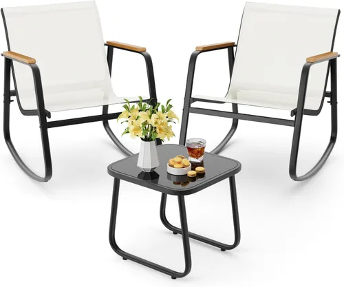 Miniatura 11 de Aiho Juego de Bistró Mecedor de 3 Piezas, Juego de Muebles de Patio de Tela Textilene, Sillas Mecedoras de Porche Delantero con Mesa de Café