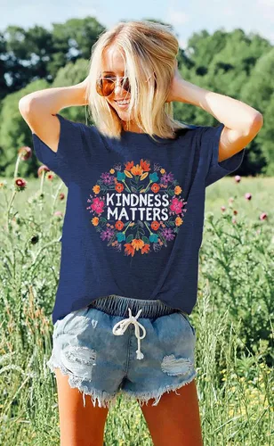 Miniatura 7 de Camisetas de profesor para mujer, camiseta con texto en inglés "Be Kindness", camisetas de salud mental, camiseta bohemia con gráficos florales