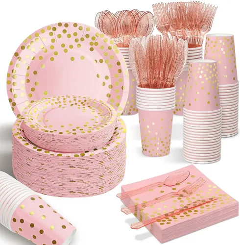 AIRE 175 piezas platos de oro rosa suministros de fiesta sirve para 25 invitados decoraciones de fiesta desechables, tenedores cuchillos cucharas de