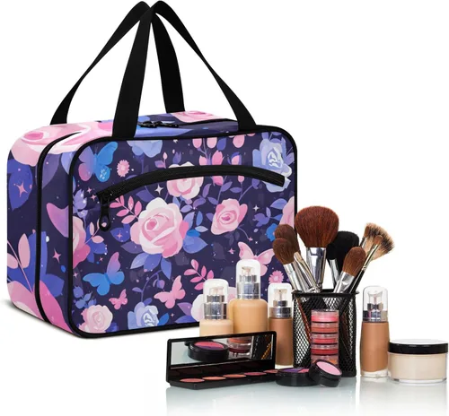 Miniatura 6 de Purple Peach Elegant Blooms bolsas de aseo de viaje colgantes para mujeres con gancho, bolso esencial de diseñador para el cuidado de la piel
