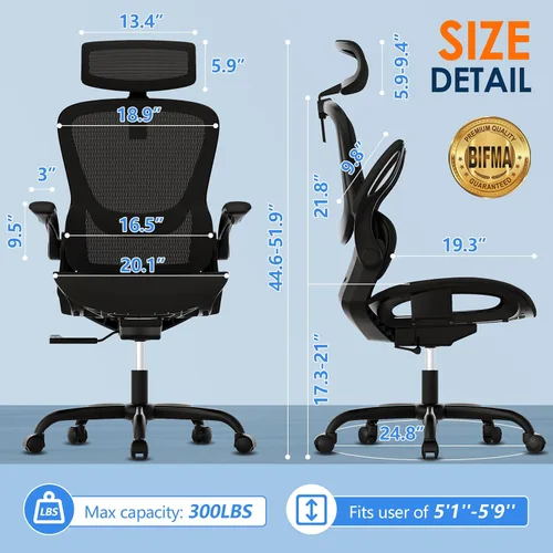 Miniatura 2 de GABRYLLY Silla de oficina ergonómica de malla, silla de escritorio ajustable para el hogar con reposabrazos plegable, reposacabezas 2D, asiento Negro
