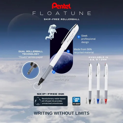 Miniatura 6 de Bolígrafo de bola de tinta Pentel Floatune, (0.8mm), punta media, tinta negra/azul/roja, paquete de 8 bolígrafos (BY108PF8OFC)