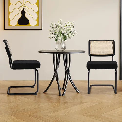 KROFEM Juego de 2 sillas de comedor, sillas modernas de ratán para la cocina, diseño moderno de mediados de siglo, estructura de cromo pulido, Negro