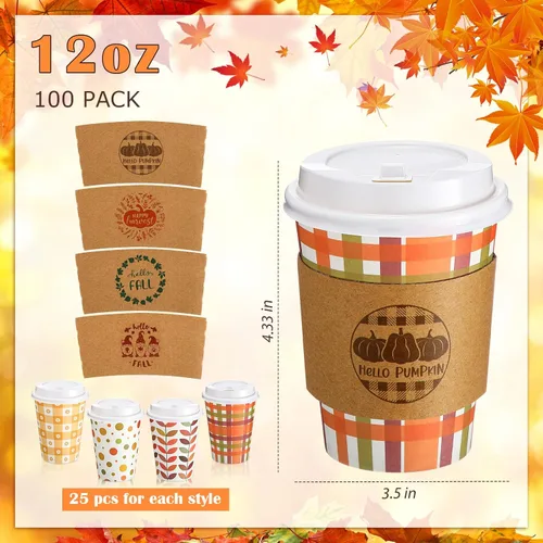 Miniatura 3 de Lallisa Paquete de 100 tazas de café de papel de Acción de Gracias de 12 onzas con tapas y mangas, tazas de café desechables para otoño, Acción