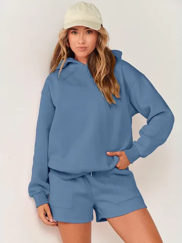 Miniatura 5 de ANRABESS Conjunto de 2 piezas para mujer, sudadera con capucha de gran tamaño, pantalones cortos, sudadera para descansar, ropa deportiva de moda
