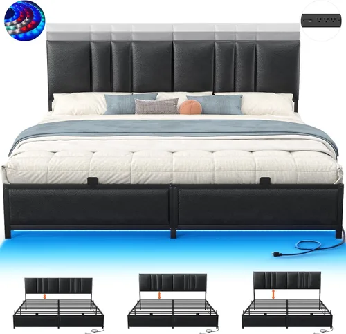 Miniatura 9 de Besiost Base de cama de tamaño individual con cabecera ajustable de 3 alturas, cama de plataforma tapizada de cuero con luz LED y estación de carga