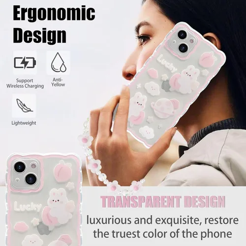 Miniatura 6 de Funda compatible con iPhone 15, patrón de conejo melocotón de dibujos animados lindo con bonito diseño de cadena, para mujeres y niñas, funda kawaii