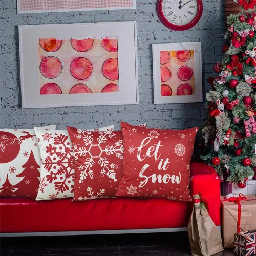 Miniatura 6 de JOJOGOGO Juego de 4 fundas de almohada rojas de copo de nieve de 18 x 18 pulgadas, almohadas decorativas Let It Snow de 18 x 18 pulgadas