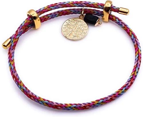 Miniatura 3 de Pulsera chapada en oro de 18 quilates de San Benito con dije de piedra auténtica de azabache Adjustable Cuerda Chapado en oro