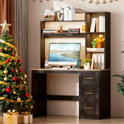 Miniatura 3 de LVSOMT Escritorio de Oficina en Casa de 40" con Estante Superior y Cajones, Escritorio para Computadora con Tomas de Corriente y Luz LED, Mesa