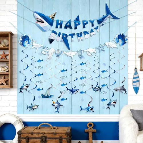 Miniatura 2 de Paper Jazz Decoración de tiburón oceánico, decoración de fiesta de tiburón ballena para pared, pancarta de cumpleaños bajo el mar con remolinos, Azul