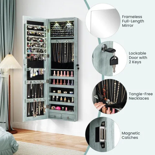 Miniatura 34 de Giantex Armario de joyería para puerta de pared con espejo de longitud completa, 2 LED con cerradura grande organizador de joyas con espejo ancho