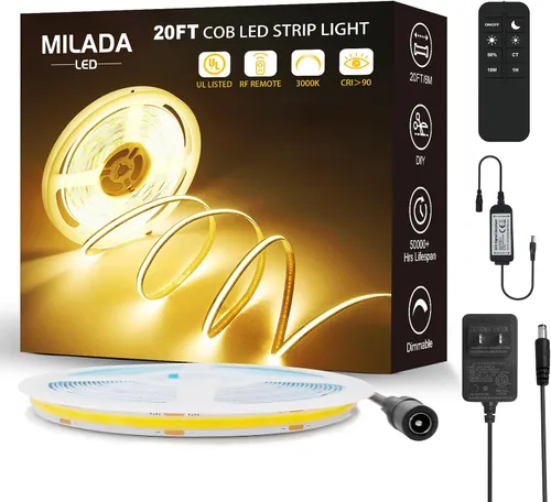 Tira de luz LED COB 3000K 20 pies/6M blanco cálido regulable de alto lumen con control remoto RF adaptador certificado UL 24V adhesivo adecuado para