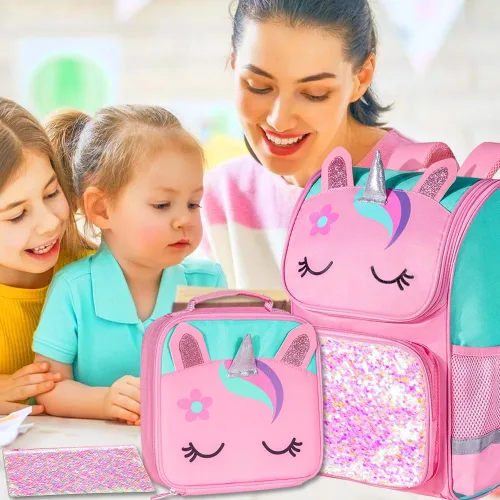 Miniatura 5 de KLFVB Mochila de 3 piezas para niñas y niños, bolsa de libros de dinosaurio de unicornio de 15 pulgadas con lonchera, bolsa escolar preescolar