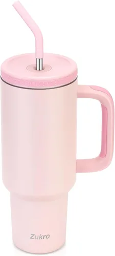 Miniatura 8 de Zukro - Vaso de 40 oz con asa y pajita, tapa roscada con orificio ancho para pajita, taza de acero inoxidable aislada que cabe en el portavasos