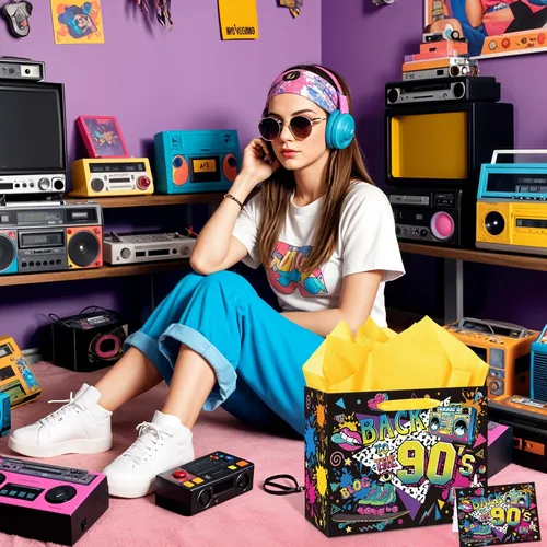 Miniatura 5 de Bolsa de regalo de cumpleaños de los años 90 para hombres y mujeres, bolsas de recuerdos de fiesta temática retro de los años 90 con papel de seda