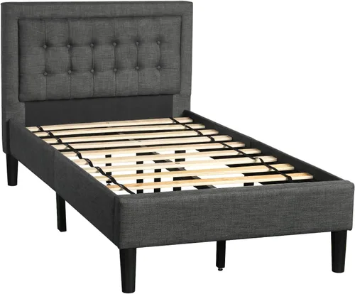 Miniatura 7 de Anwick Cama de plataforma tapizada con botones y soporte de listones de madera resistente (individual, gris)