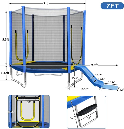 Miniatura 3 de Merax - Trampolín para niños de 7 pies con red de seguridad, tobogán y escalera, fácil de montar, redondo, para recreación al aire libre Azul