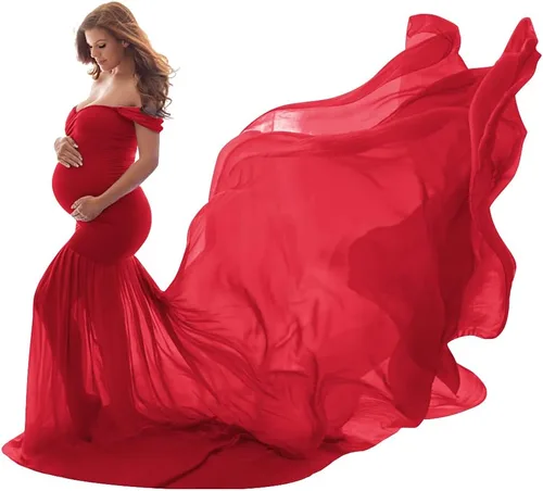 Vestido de maternidad con hombros descubiertos y cuello en V para mujer, vestido largo de gasa con cuello en V y ajuste elegante, para fotografía y