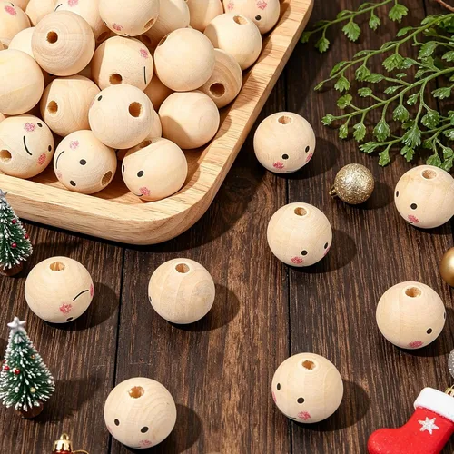 Miniatura 4 de PH PandaHall 50 cuentas de madera de 1 pulgada, cuentas de madera natural, cuentas de madera sueltas, bolas de madera con cara pintada para árbol