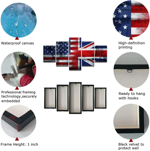 Miniatura 8 de Arte de pared de concepto patriótico, pintura de bandera estadounidense y británica, lienzo de estrellas y rayas, 5 paneles, arte moderno americano