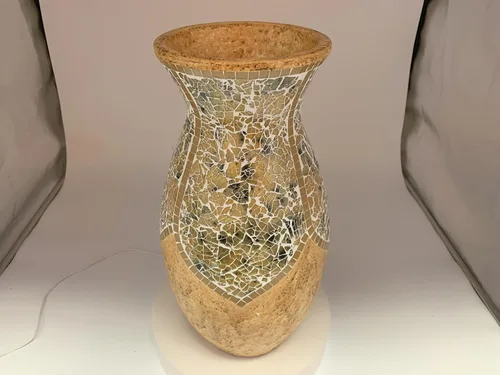 Miniatura 5 de Jarrón de mosaico de 18 pulgadas, cilindro alto hecho de terracota con piezas de mosaico de vidrio amarillo tostado, pieza decorativa hecha a mano