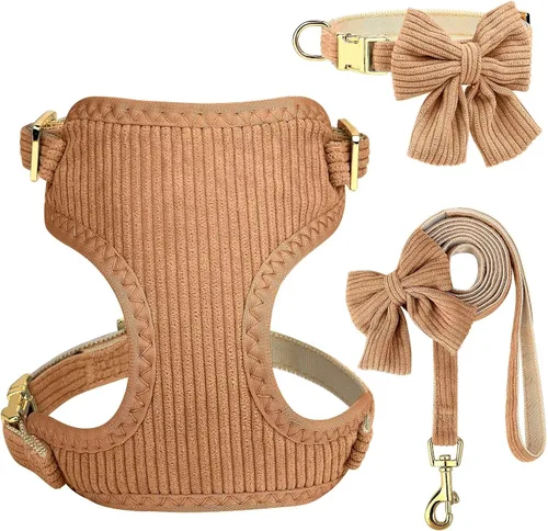 Miniatura 10 de Didog Lindo juego de arnés, collar y correa para perro pequeño con moño, arnés acolchado de malla suave y transpirable para cachorros, arnés rosa