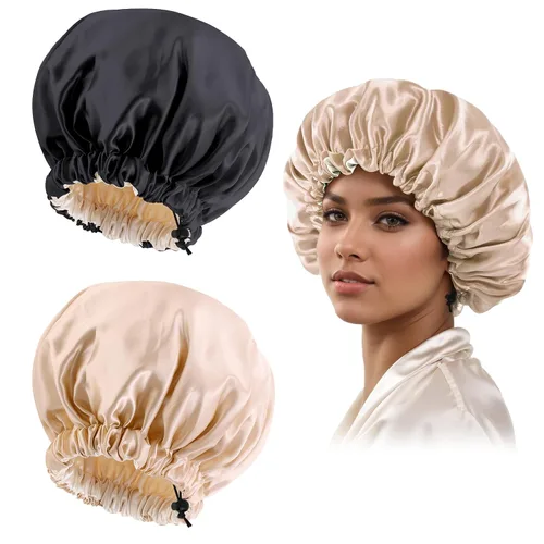 Miniatura 25 de Gorro de seda de satén para cabello rizado, gorro trenzado para dormir, para mujer, grande, doble capa ajustable (2 unidades, negro)