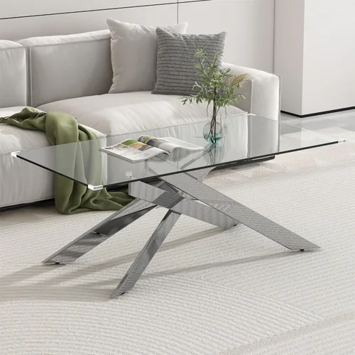 Miniatura 15 de Mesa de centro rectangular moderna de cristal, mesa central de vidrio templado y patas de metal chapado en oro para sala de estar, oficina en casa