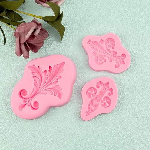 Miniatura 2 de Moldes de fondant de plumas barrocos en relieve, 3 piezas, moldes de silicona de chocolate con pergamino europeo para cupcakes, pasta de flores