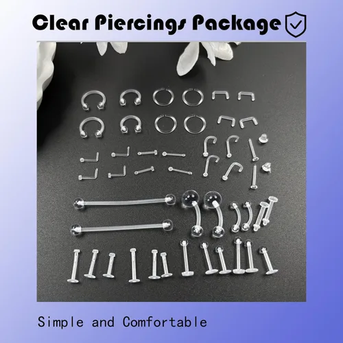 Miniatura 5 de Kit de 46 a 60 piezas de retenedores transparentes para nariz, tabique, ceja, labio, labio, lengua, vientre, pezón, tragus, cartílago, anillos