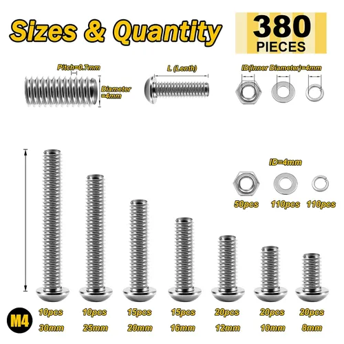 Miniatura 3 de Mywish Kit surtido de 380 tuercas y tornillos M4, 304 tornillos métricos, tornillos métricos, tornillos métricos, arandelas de bloqueo plano y SIiver