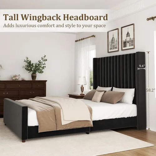 Miniatura 9 de Base de cama tamaño Queen, plataforma tapizada de terciopelo con cabecera y estribo de 62 pulgadas de alto, diseño de rayas verticales, somier Negro