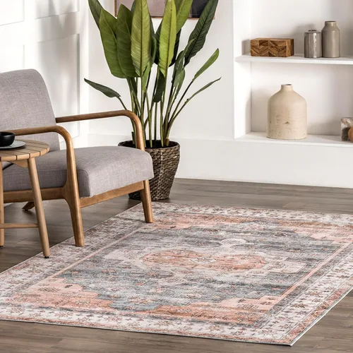 Nuloom SpinClean Banks - Alfombra vintage de 4 x 6 pies, color naranja claro/gris claro, suave y acogedor, alto tráfico, resistente a las manchas,